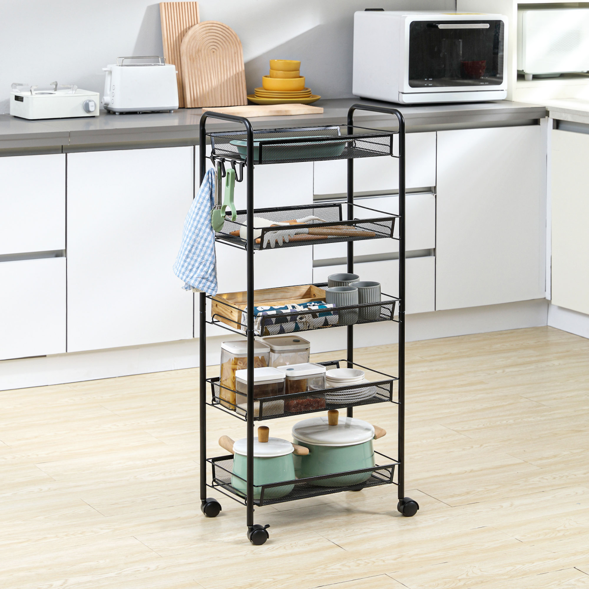 HOMCOM 5-Tier Rolling Utility Cart with Removable Mesh Baskets, Black