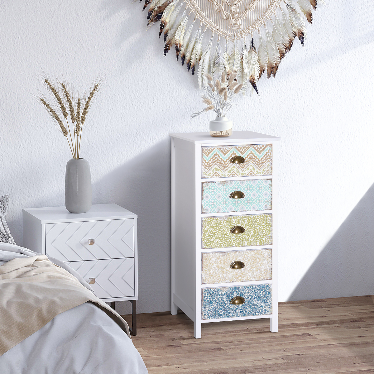 HOMCOM 5 Drawer Vintage Style Storage Chest Dresser, White Wood Effect, Entryway Bedroom Bedroom Storage Cabinet