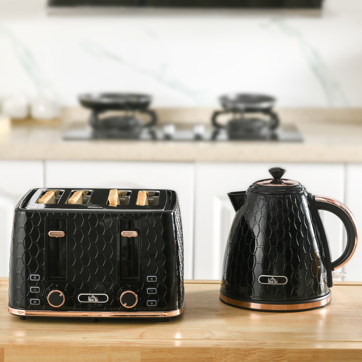 HOMCOM 1.7L Kettle and 4-Slice Toaster Set, Black, Defrost & Reheat