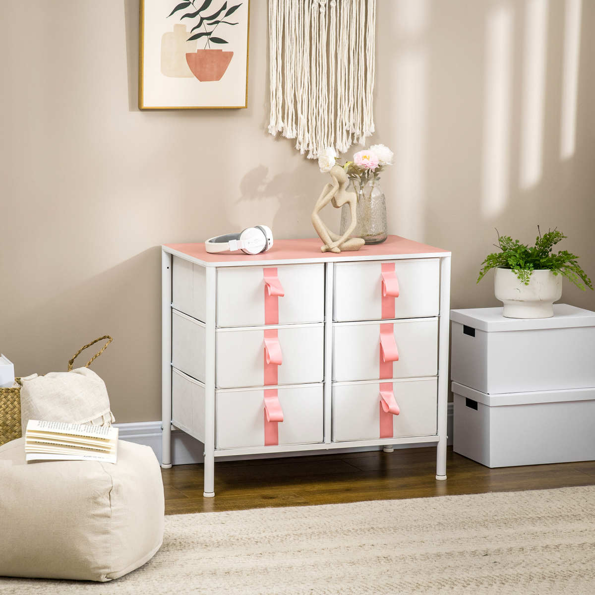 6-Drawer Fabric Chest Organizer with Metal Frame and Wood Top for Nursery Room