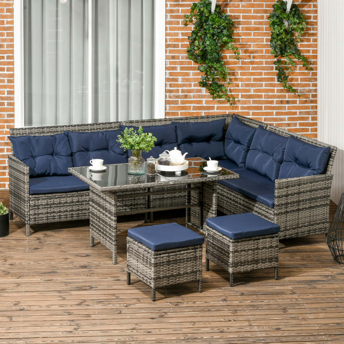 Outsunny 6 Piece Patio Wicker Rattan Sofa Set with Cushions, Dark Blue