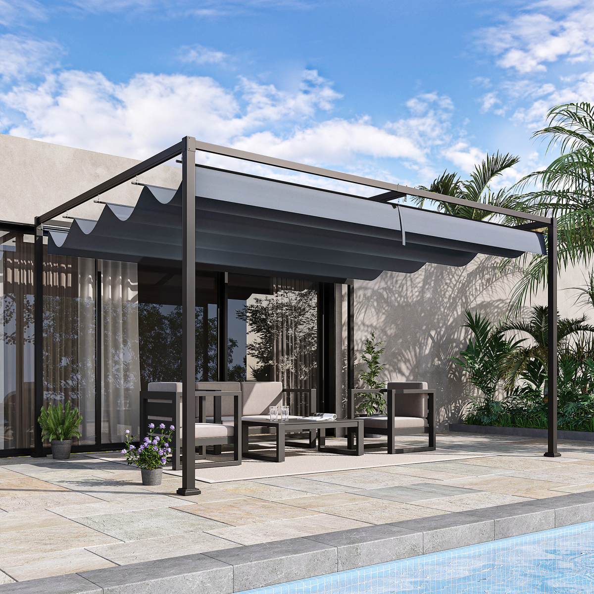Outsunny 4 x 3m Grey Metal Pergola Gazebo with Retractable UV-Resistant Canopy for Patio Outdoor Use