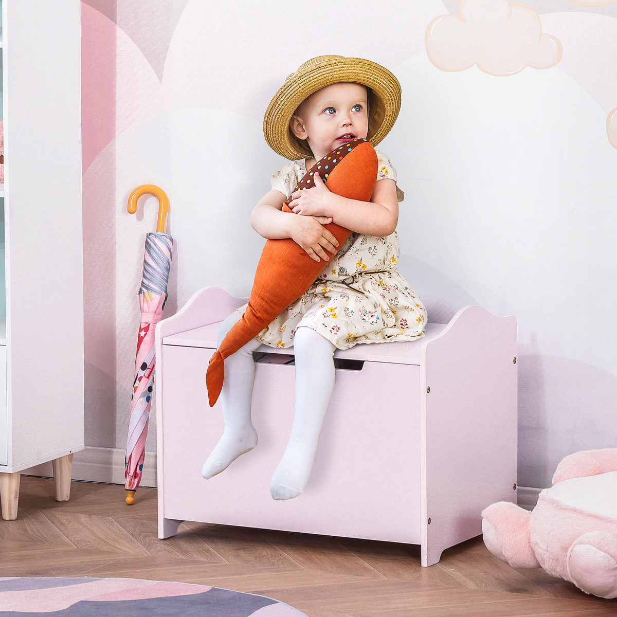 Kids Toy Storage Box Organiser, 60 x 40 x 48cm, Pink, Ages 3+, Bedroom Storage, MDF