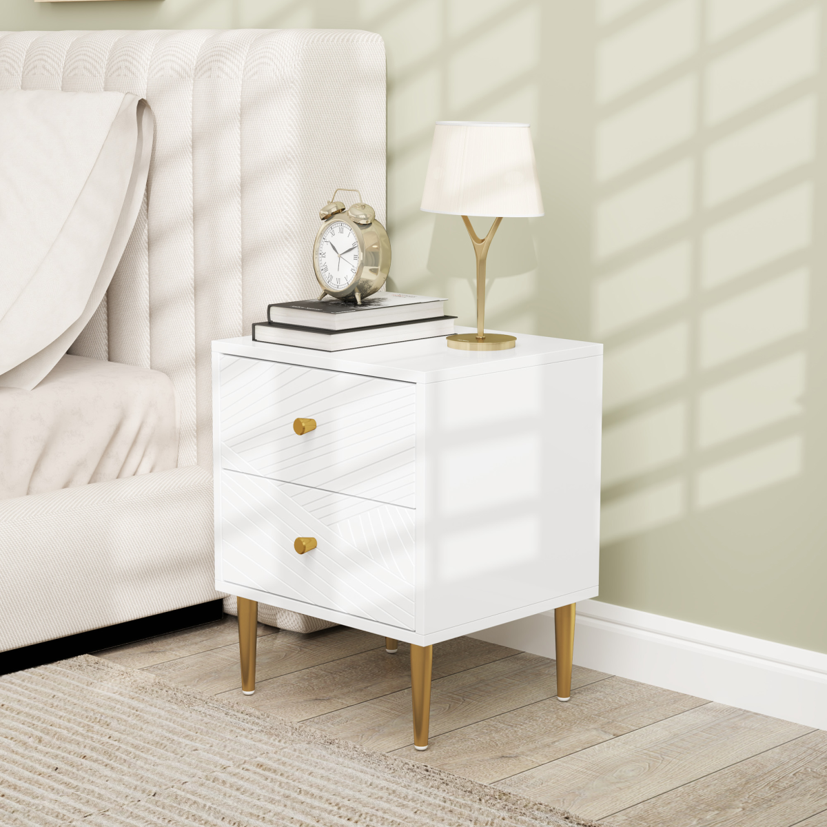 White Nightstand with Gold-Tone Handles, 2 Drawers & Metal Legs