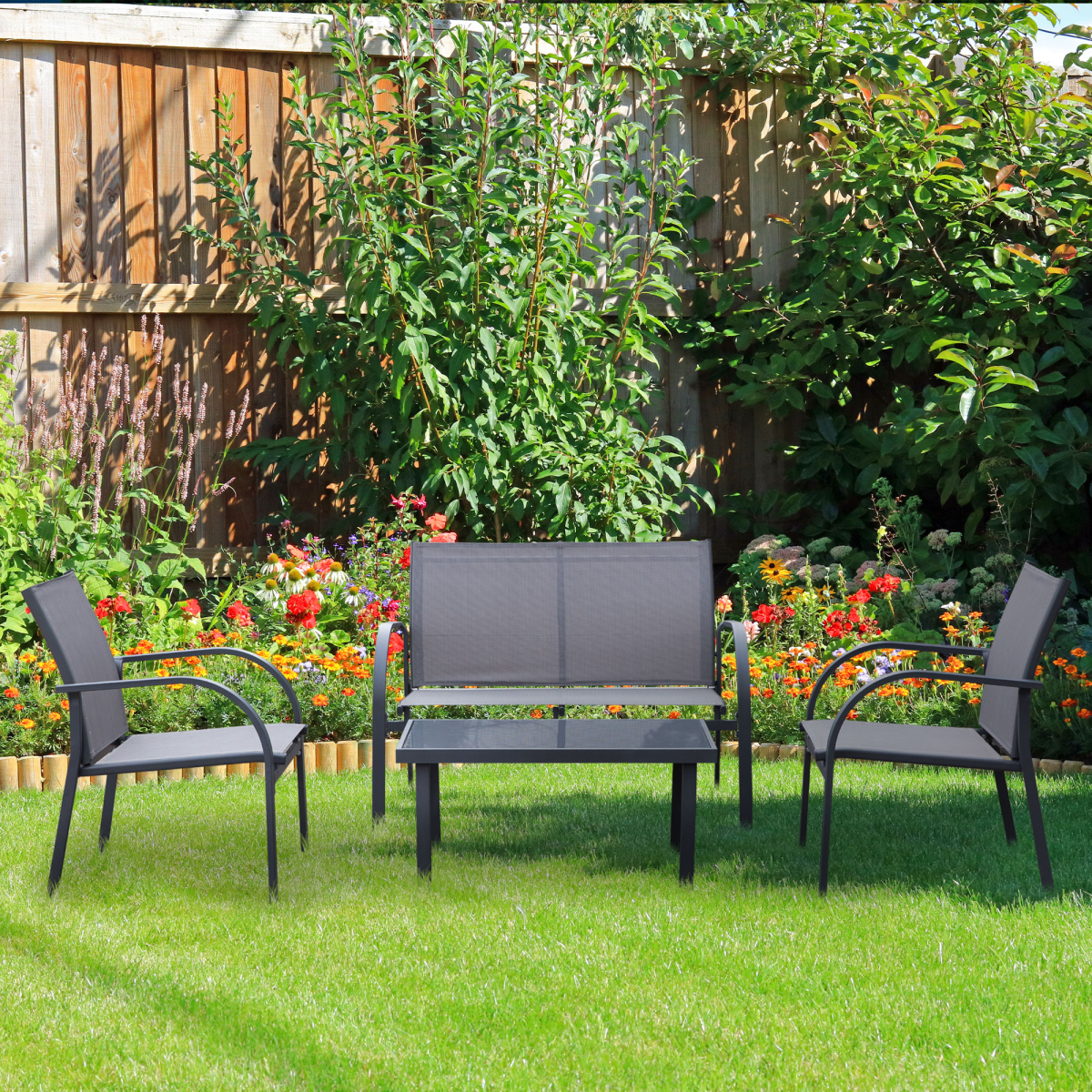 Outsunny 4 Piece Outdoor Dining Set with Loveseat, 2 Chairs and Tempered Glass Table, Grey