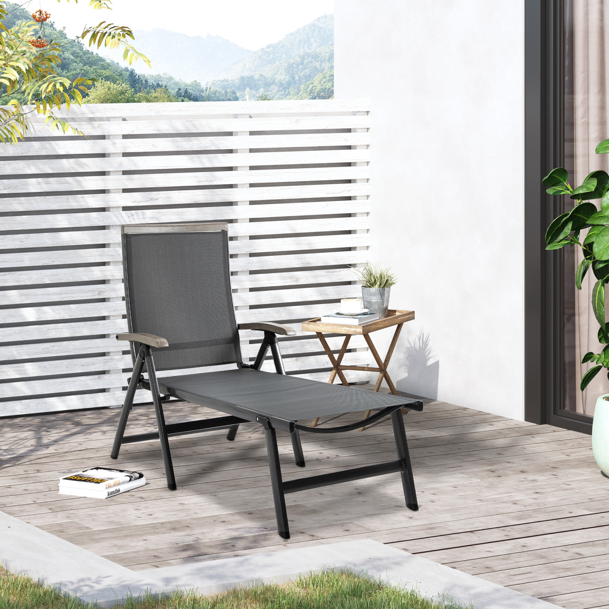 Outsunny Folding Adjustable Sun Lounger Chaise Lounge Chair, Mesh Fabric, Powder-Coated Aluminium Frame