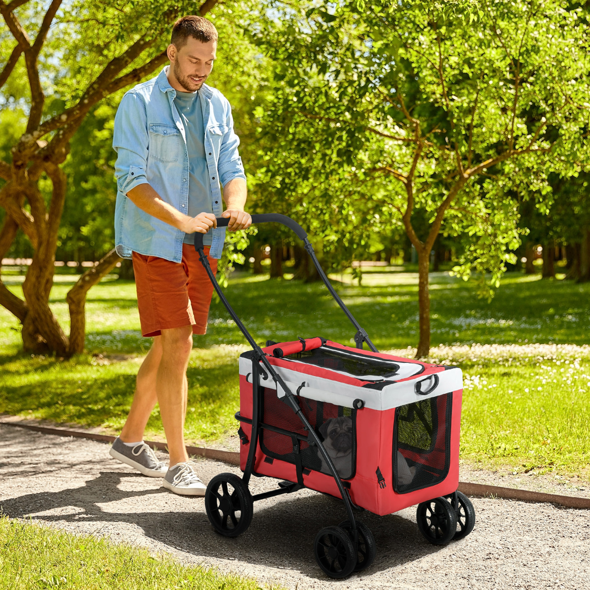 PawHut Foldable Pet Stroller with Detachable Carrier, Soft Padding, Red