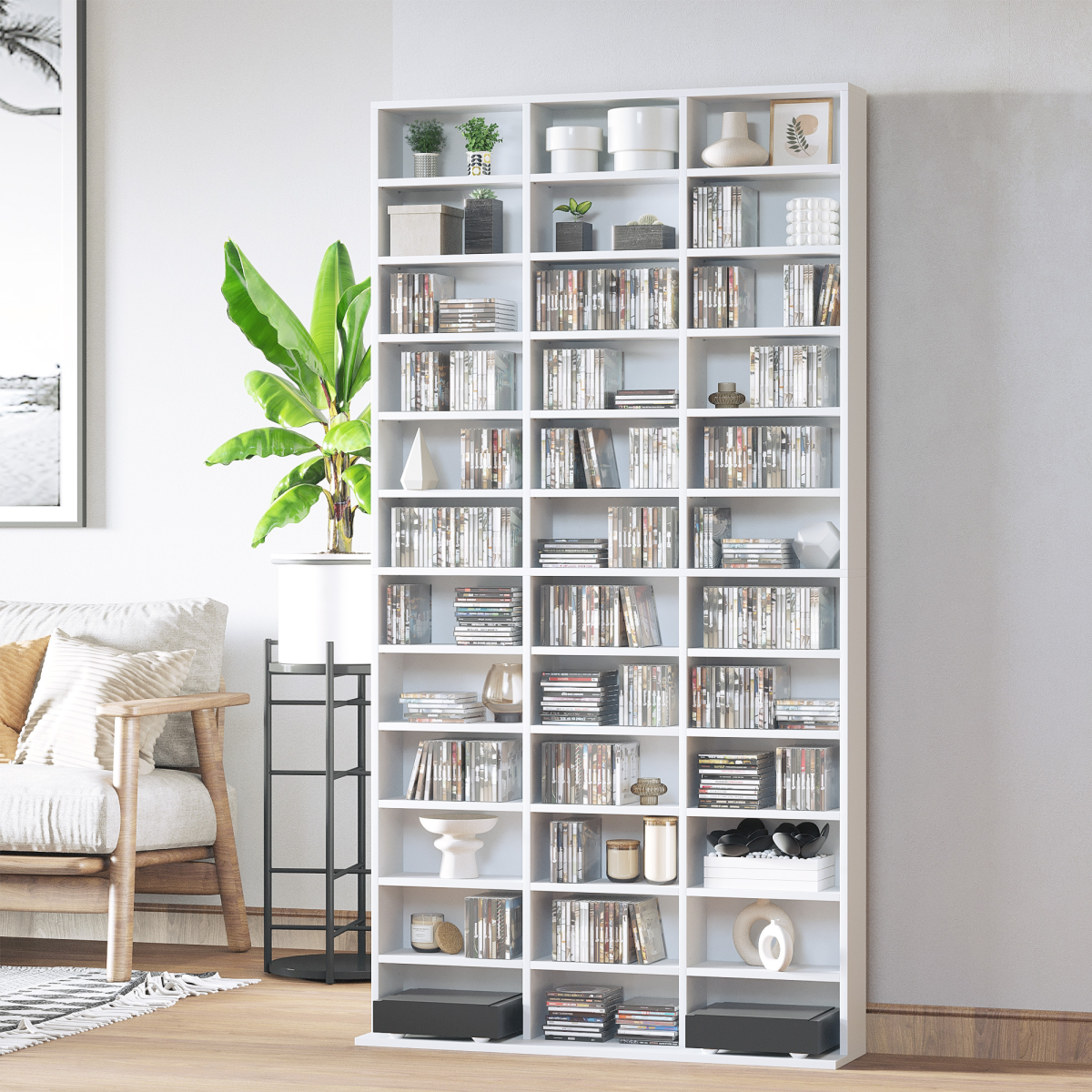 White Wooden CD/DVD Storage Shelf, 33 Adjustable Compartments