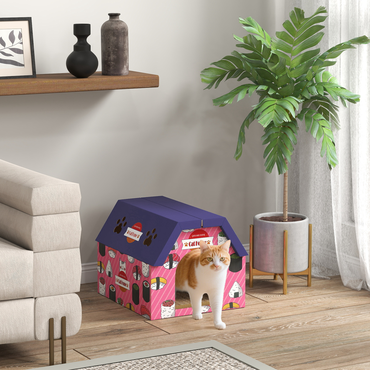 PawHut 2-in-1 Cat House & Scratcher with Cat Grass, Pink