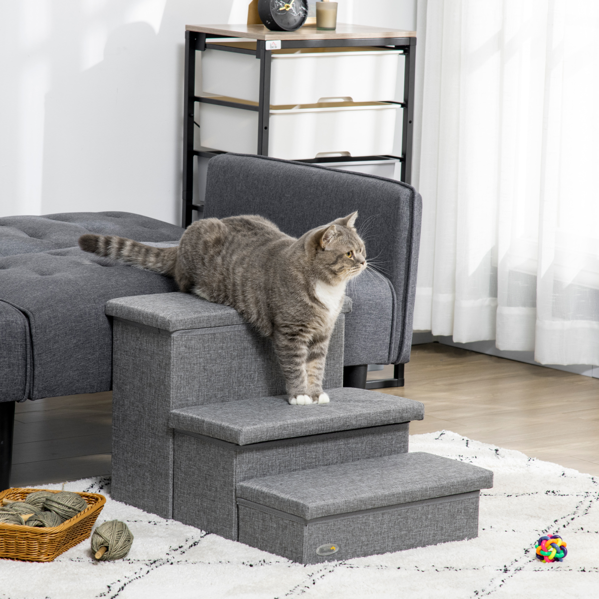PawHut 3-Step Pet Stairs with Storage Boxes for Bed & Sofa, Light Grey