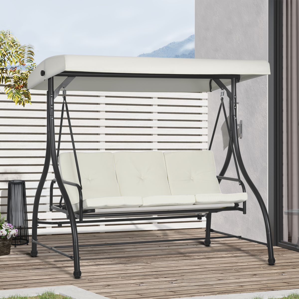 Outsunny 3-Seater Canopy Swing Chair with Cushion, Cream White