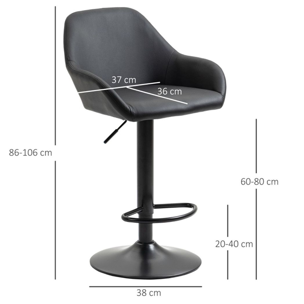 Set of 2 Black Adjustable Swivel Bar Stools with Footrest, PU Leather, Gas Lift, Steel Base