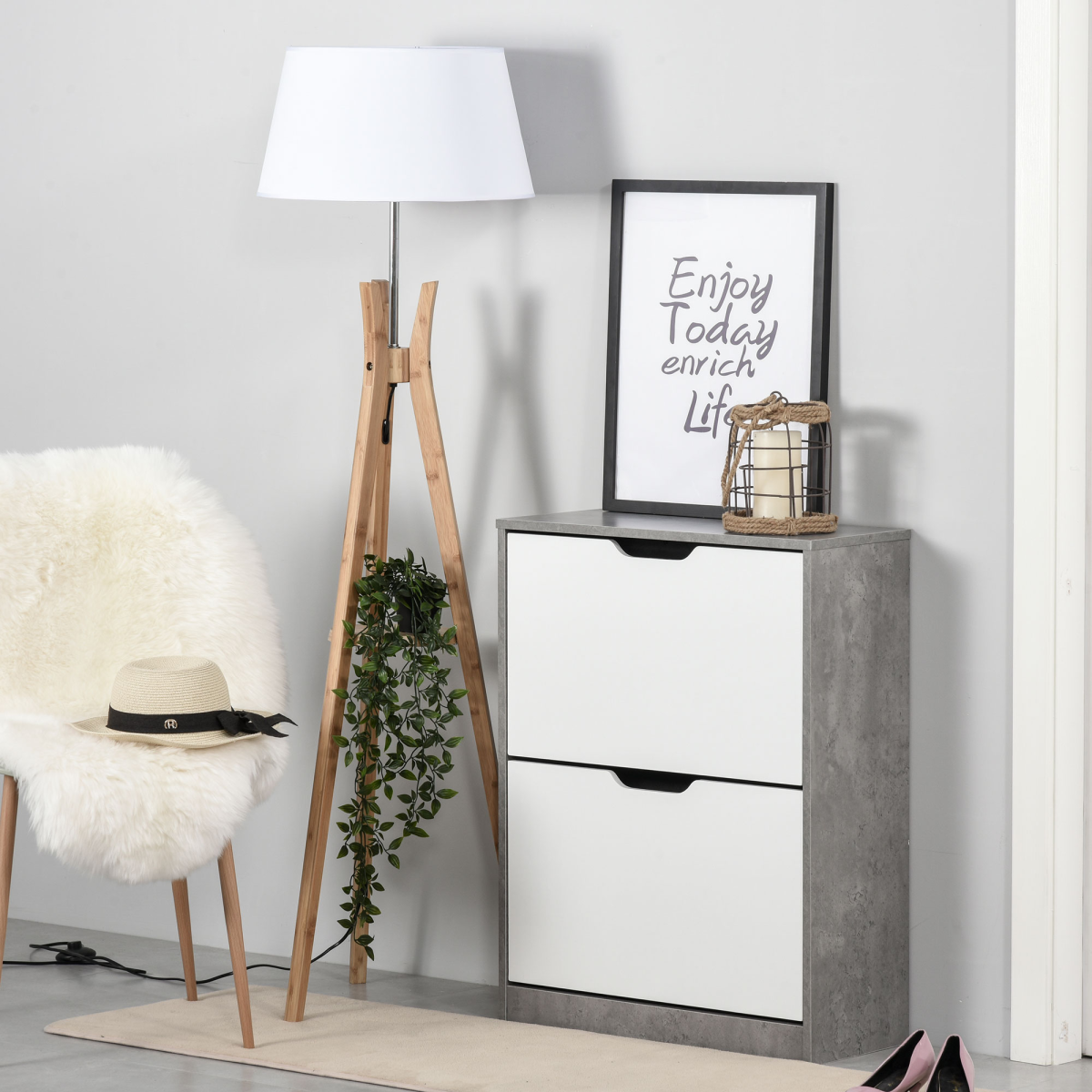 Two Drawer Shoe Cabinet Home Storage Organiser Groove Handles Hallway HOMCOM