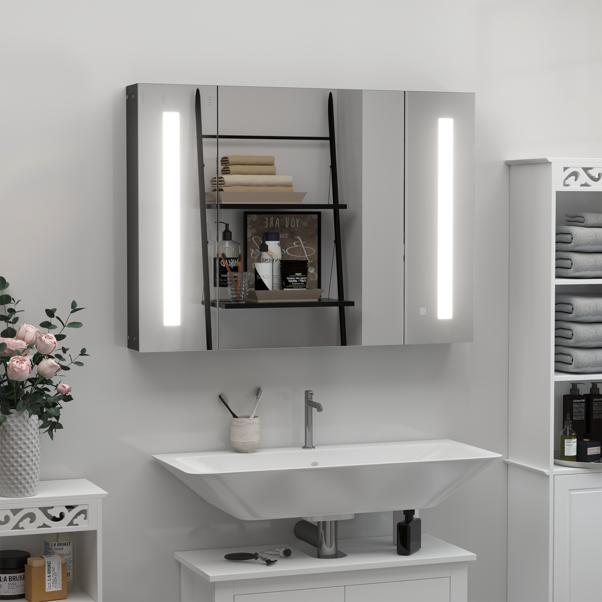 kleankin LED Wall-Mounted Bathroom Mirror Cabinet with 3 Mirrored Cabinets, Shelves, Touch Sensor, USB Powered, High Gloss Black