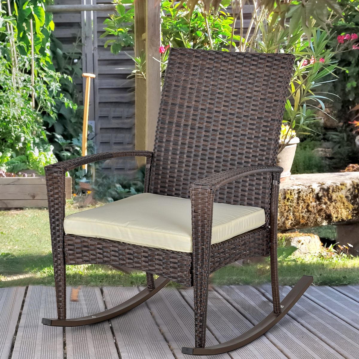 Outsunny Rattan Rocking Chair with Cushion, Brown/Beige