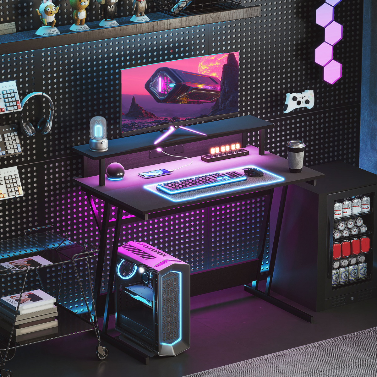 HOMCOM RGB LED Gaming Desk with Power Outlets & Monitor Stand, Black