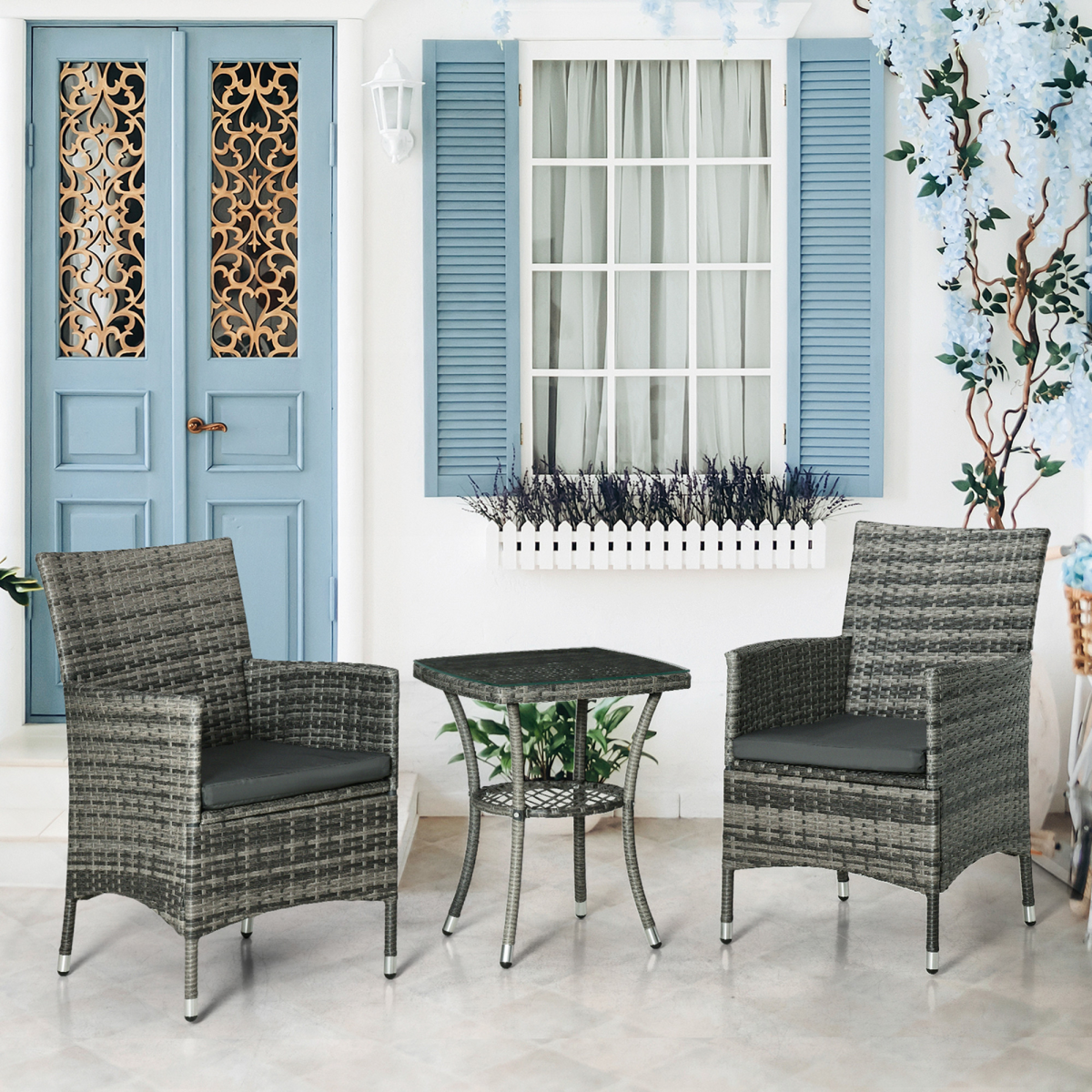 Outsunny 2 Seater Garden Bistro Set with Side Coffee Table, Cushions, Light Grey