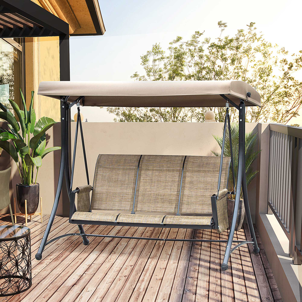 Outsunny 3-Person Swing Chair with Adjustable Canopy, Side Pockets and High Back, Brown