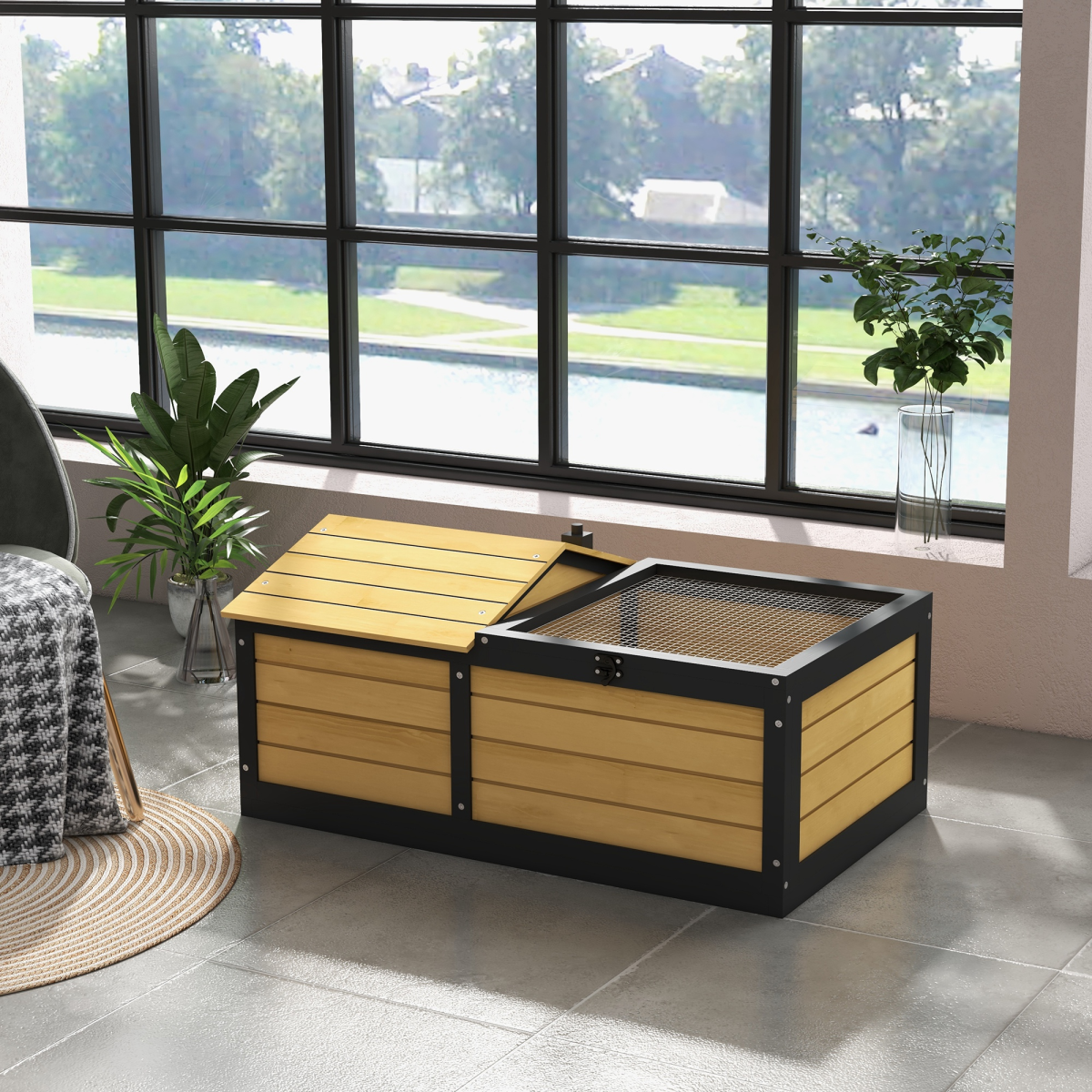 PawHut Wooden Tortoise House with Hide Shelter, Run and Open Roof