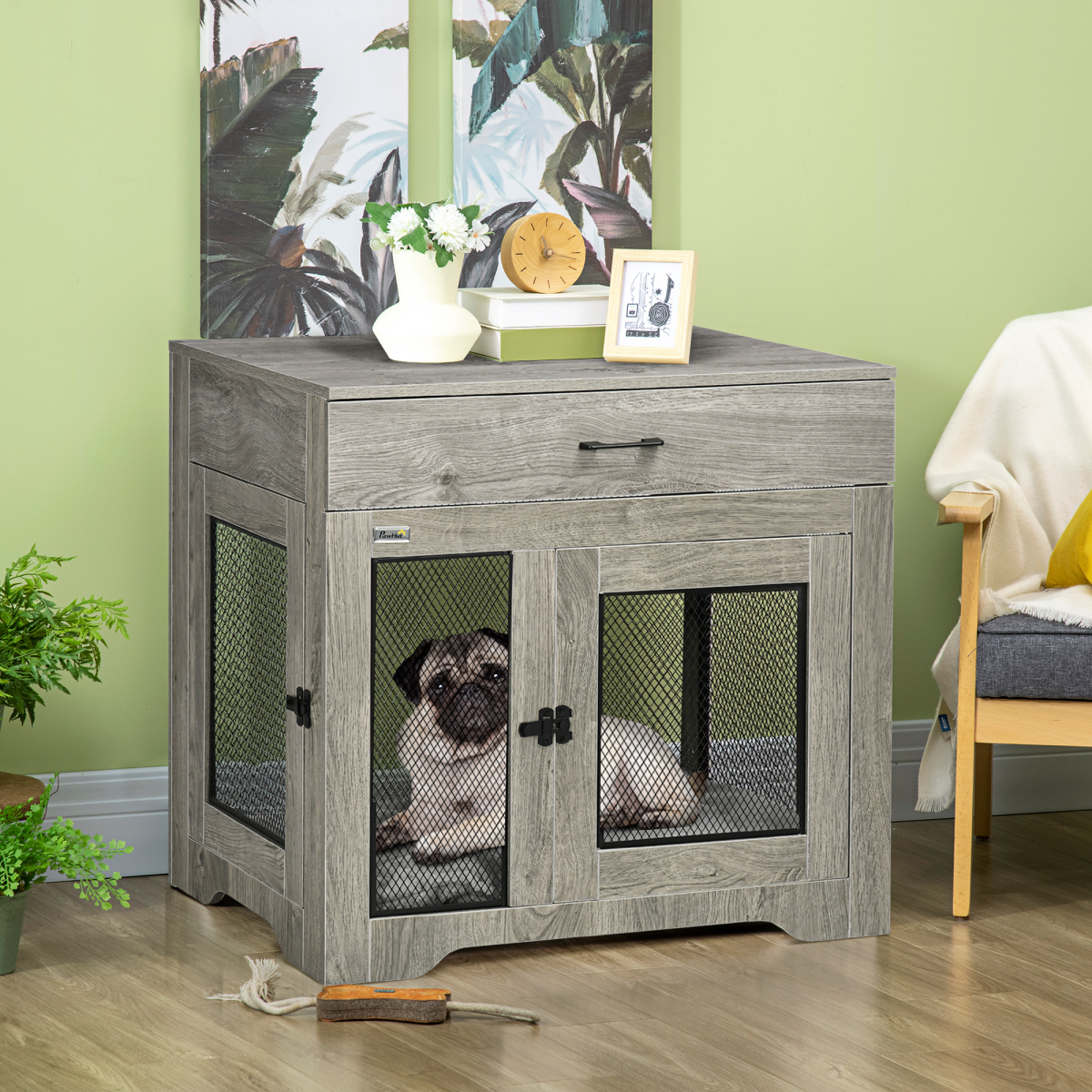 Double Door Dog Crate Furniture Side Table for Medium Dogs, Grey