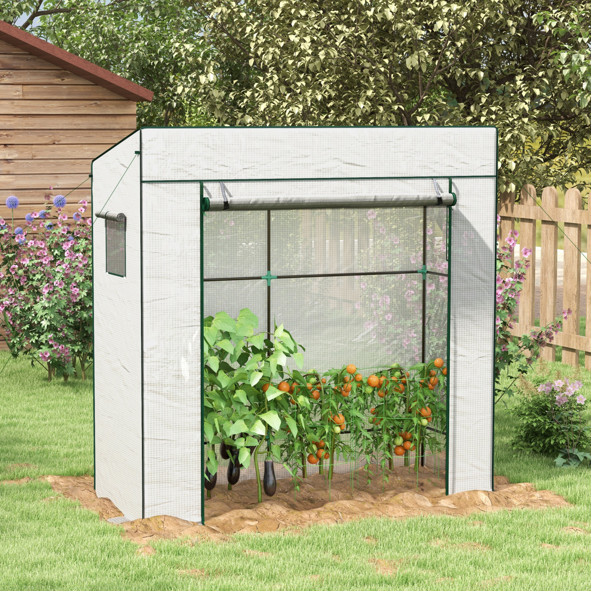 Outsunny Walk-In Lean-to Garden Greenhouse with Roll-Up Door and 2 Mesh Windows, White
