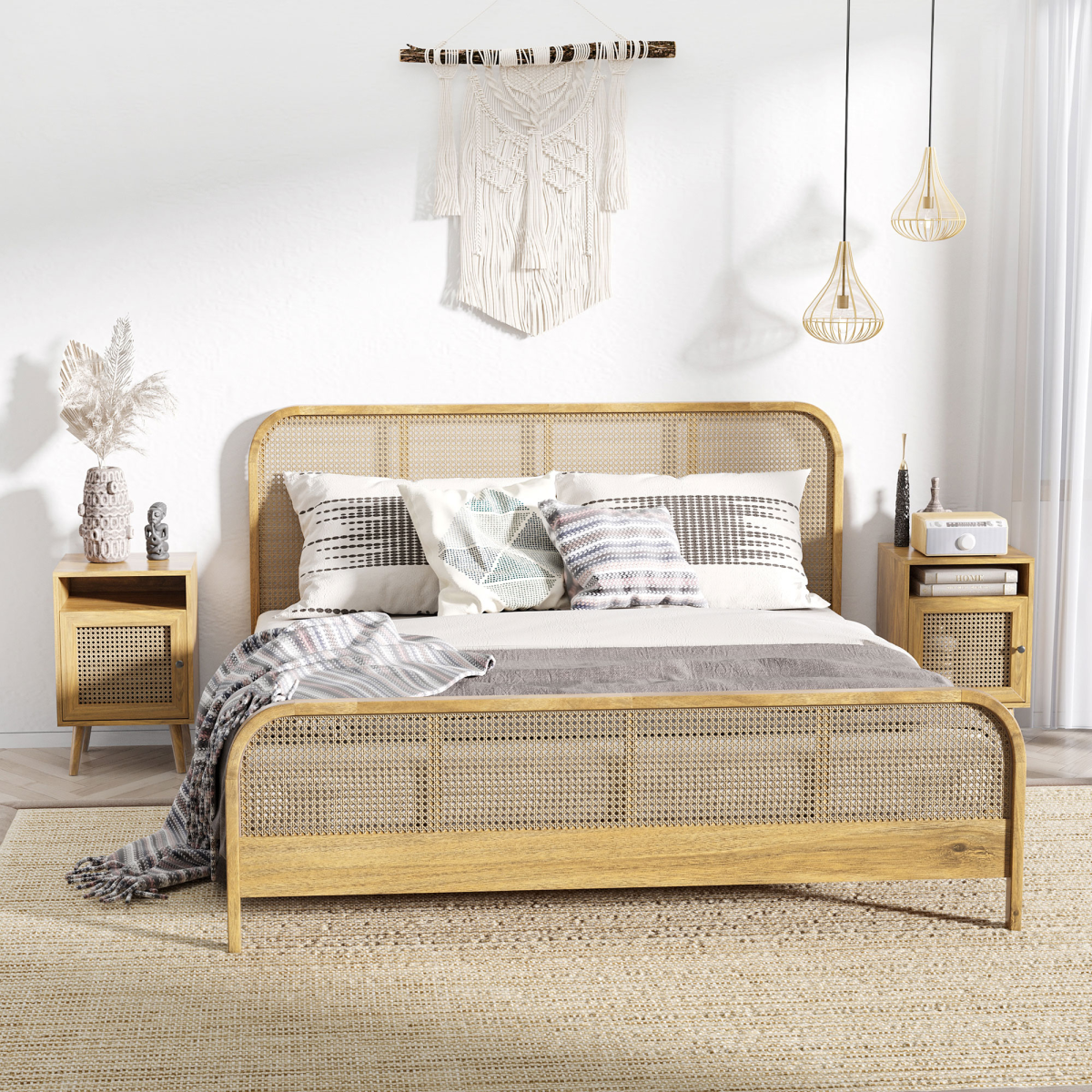 HOMCOM Rattan Nightstand with Cabinet and Shelf, Bedside Table