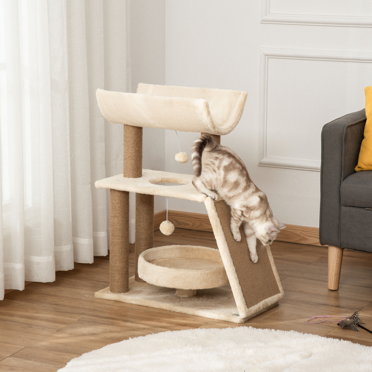 PawHut Multi-Level Cat Tree Kitten Tower with Scratching Post, Scratching Pad, Bed, Perch and Dangling Toy Balls