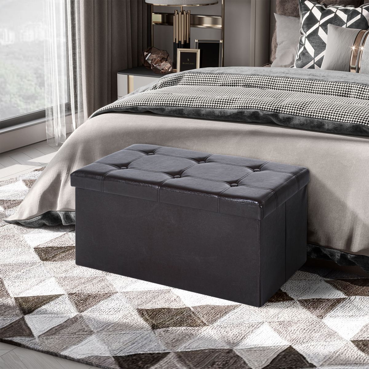 HOMCOM Folding Faux Leather Storage Cube Ottoman Bench Seat Brown