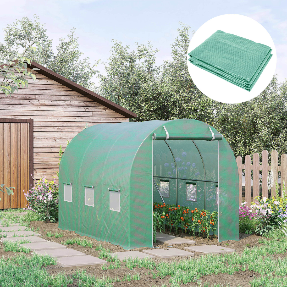 Outsunny 10x7ft Tunnel-Style Greenhouse Replacement Cover with Zipped Roll-Up Front Door, 6 Windows and 20cm Overlap Edges
