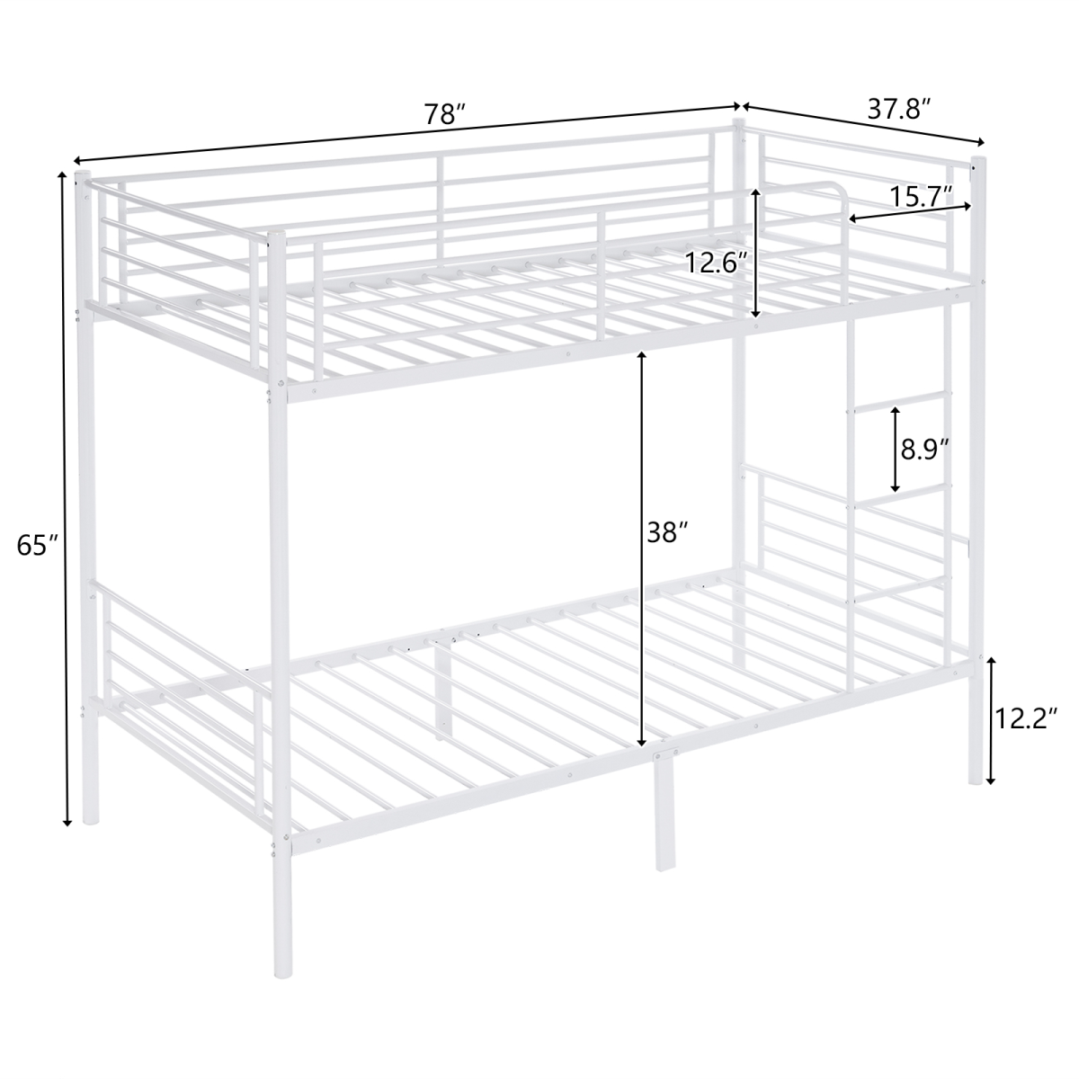 【Same Code:99091194】Twin Over Twin Bunk Bed for Kids Teens Adults, Heavy Duty Metal Bunk Bed with Ladder & Full-Length Guard Rail & Storage Space, White