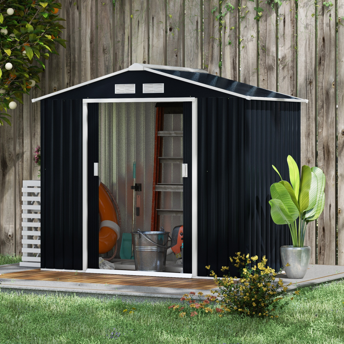 Outsunny Lockable Garden Storage Shed 7ft x 4ft Grey Galvanised Steel with Sloped Roof, Ventilation and Floor Foundation