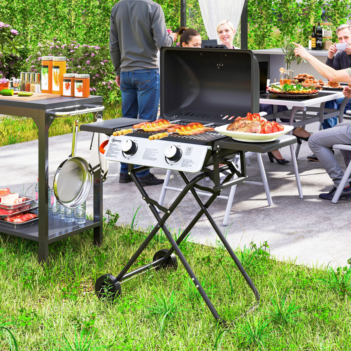 Outsunny Portable Foldable Gas Barbecue Grill with Thermometer, Black