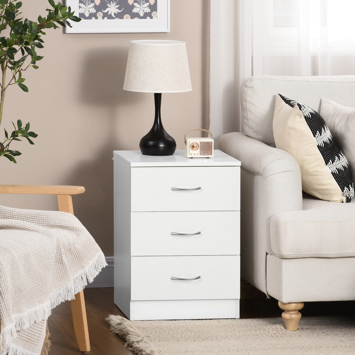 HOMCOM White 3-Drawer Bedside Table with Wood-Effect Finish