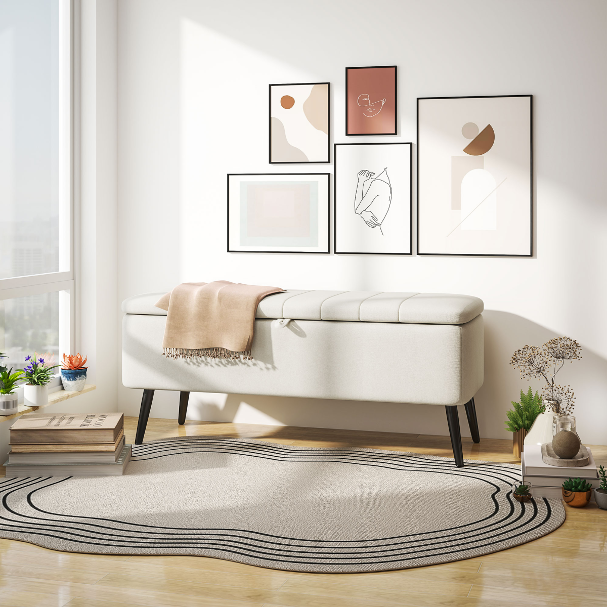 HOMCOM Storage Ottoman Bench, Linen-Touch Fabric, Steel Legs, Cream White