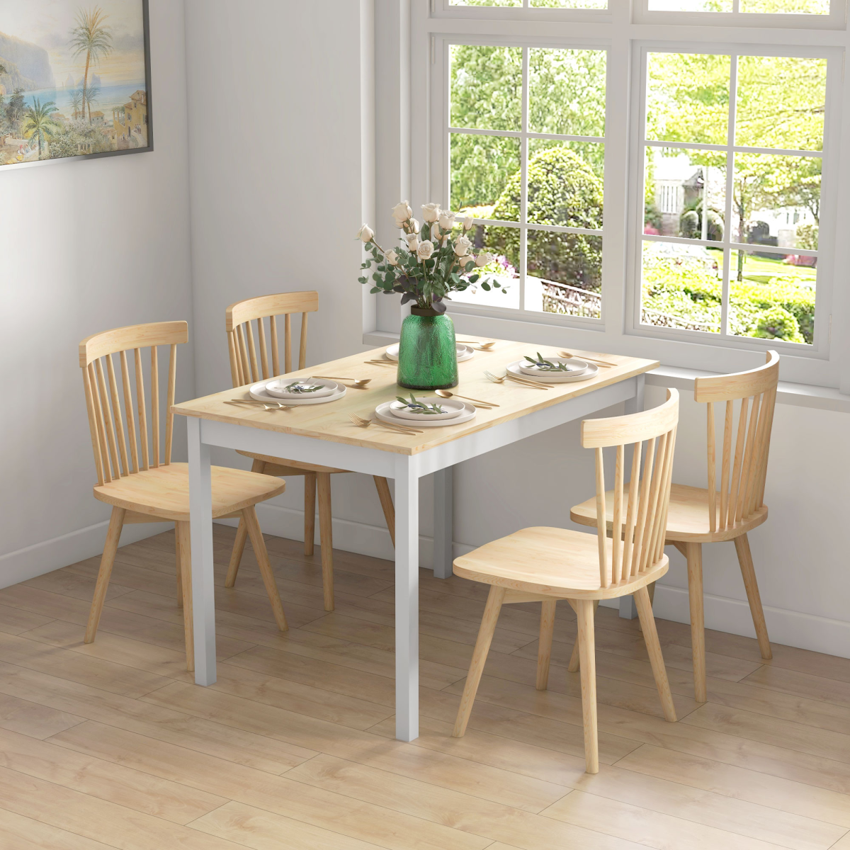 HOMCOM Farmhouse 4-Seater Pine Wood Dining Table for Kitchen
