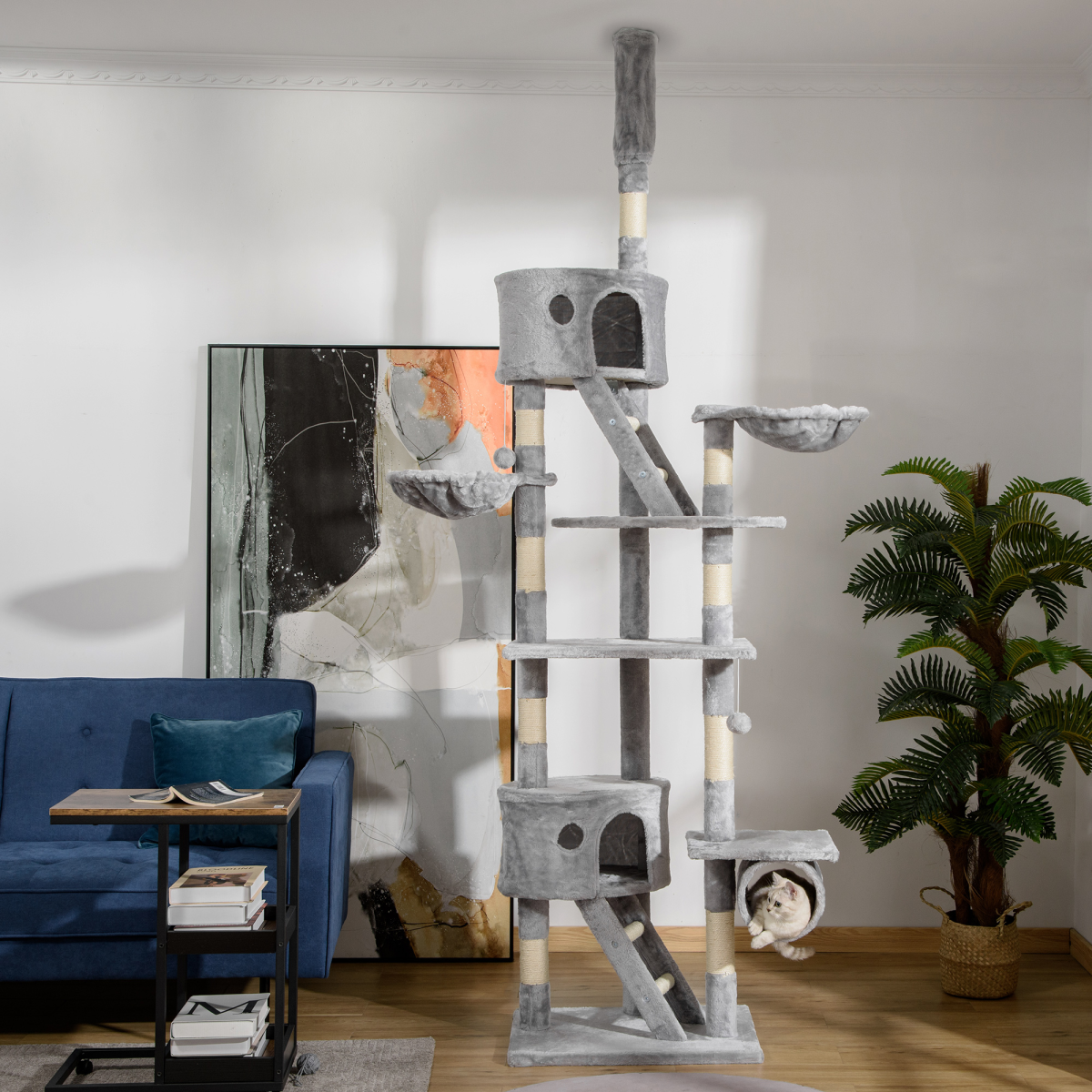 PawHut Adjustable 240-260cm Floor to Ceiling Cat Tree with 2 Cat Houses, 2 Ramps, 2 Hammocks, Tunnel, Toy Balls and Scratching Posts