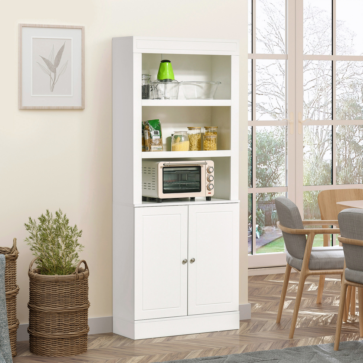 HOMCOM White Kitchen Cupboard with 6-Tier Shelving, Double Door Sideboard