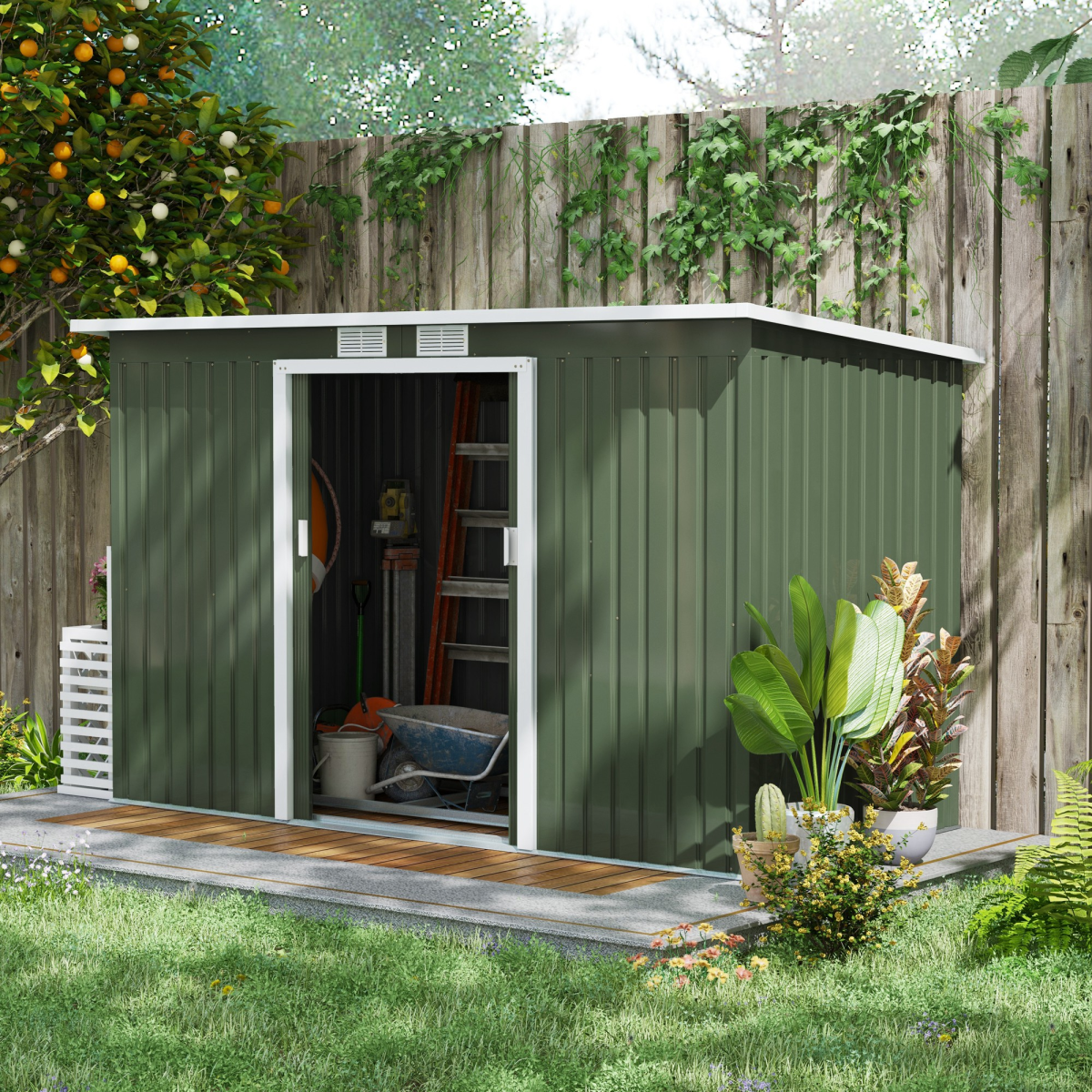 Outsunny 9ft x 4.25ft Corrugated Metal Shed with Foundation, Vent Windows, Sliding Lockable Double Doors, Green