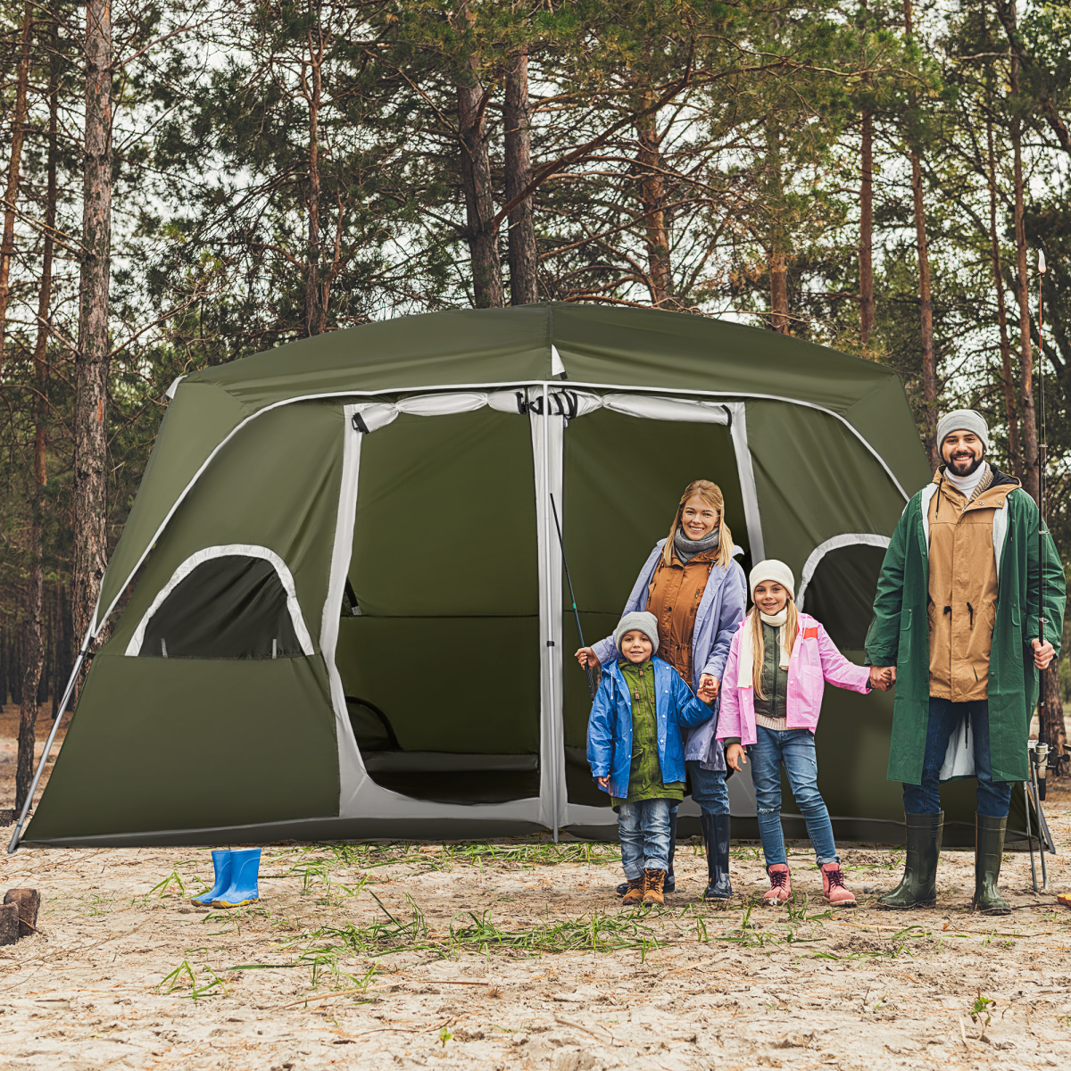 Outsunny Family Camping Tent, 4-8 Person, 2-Room, Easy Set Up, Green