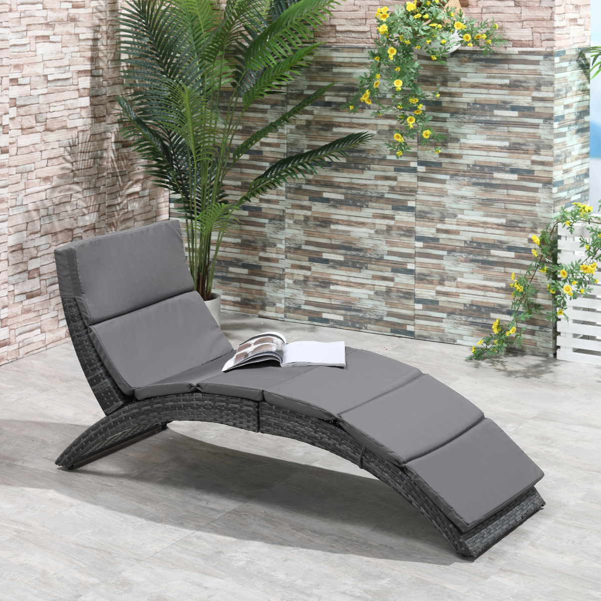 Garden Patio Rattan Wicker Folding Sun Lounger Cushion Grey