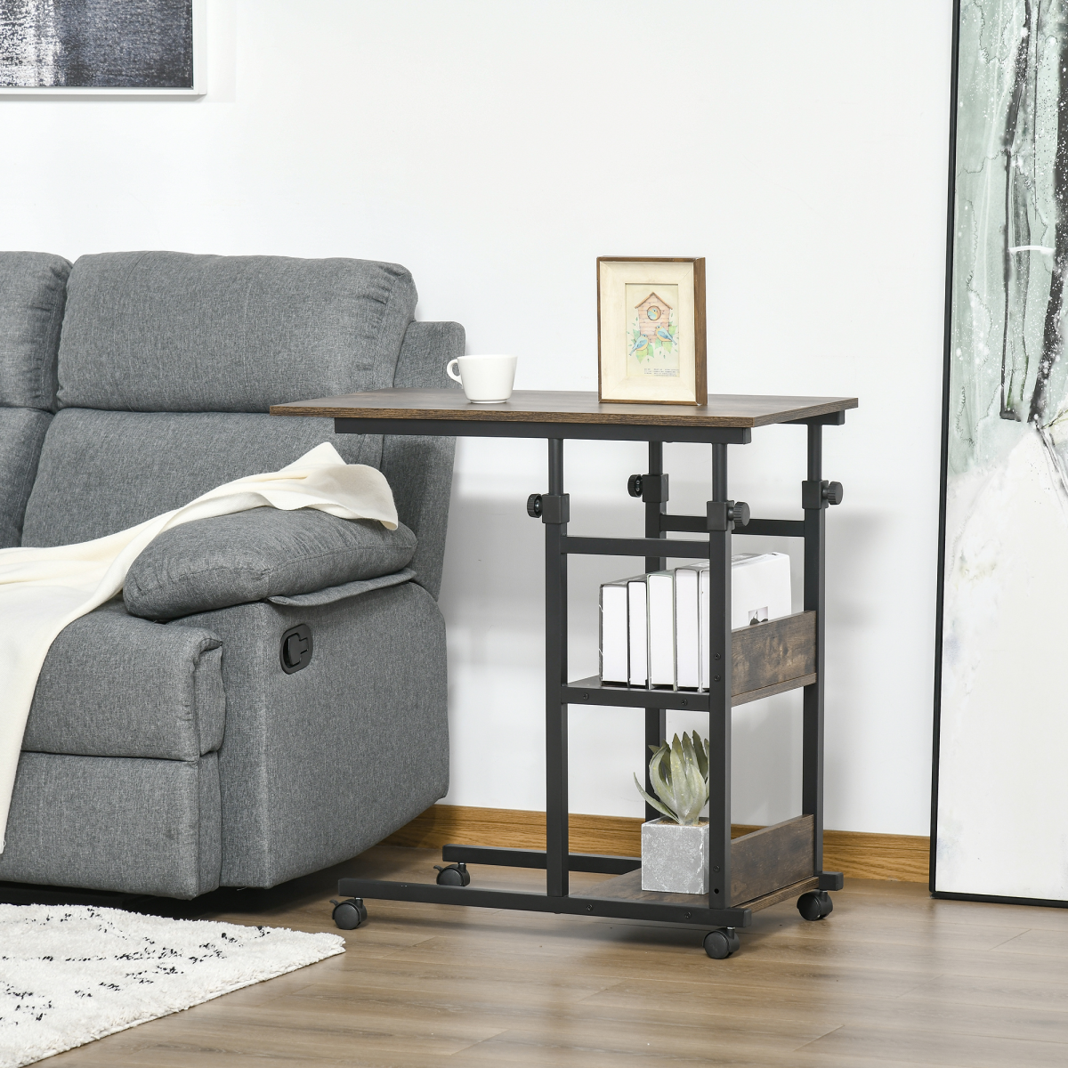 Adjustable C-Shaped Mobile Sofa Side Table with 3-Tier and Brakes