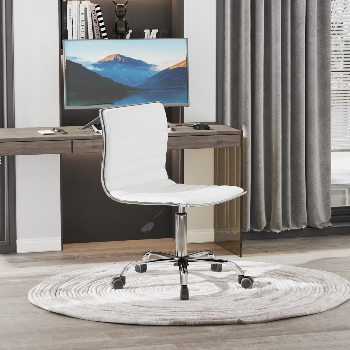 Armless Mid-Back Adjustable Height 360 Swivel PU Leather Office Chair with Casters, White