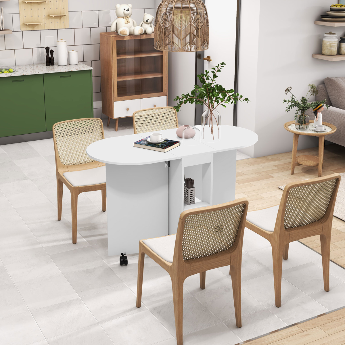 HOMCOM Folding Drop Leaf Dining Table with 2-Tier Shelves, White