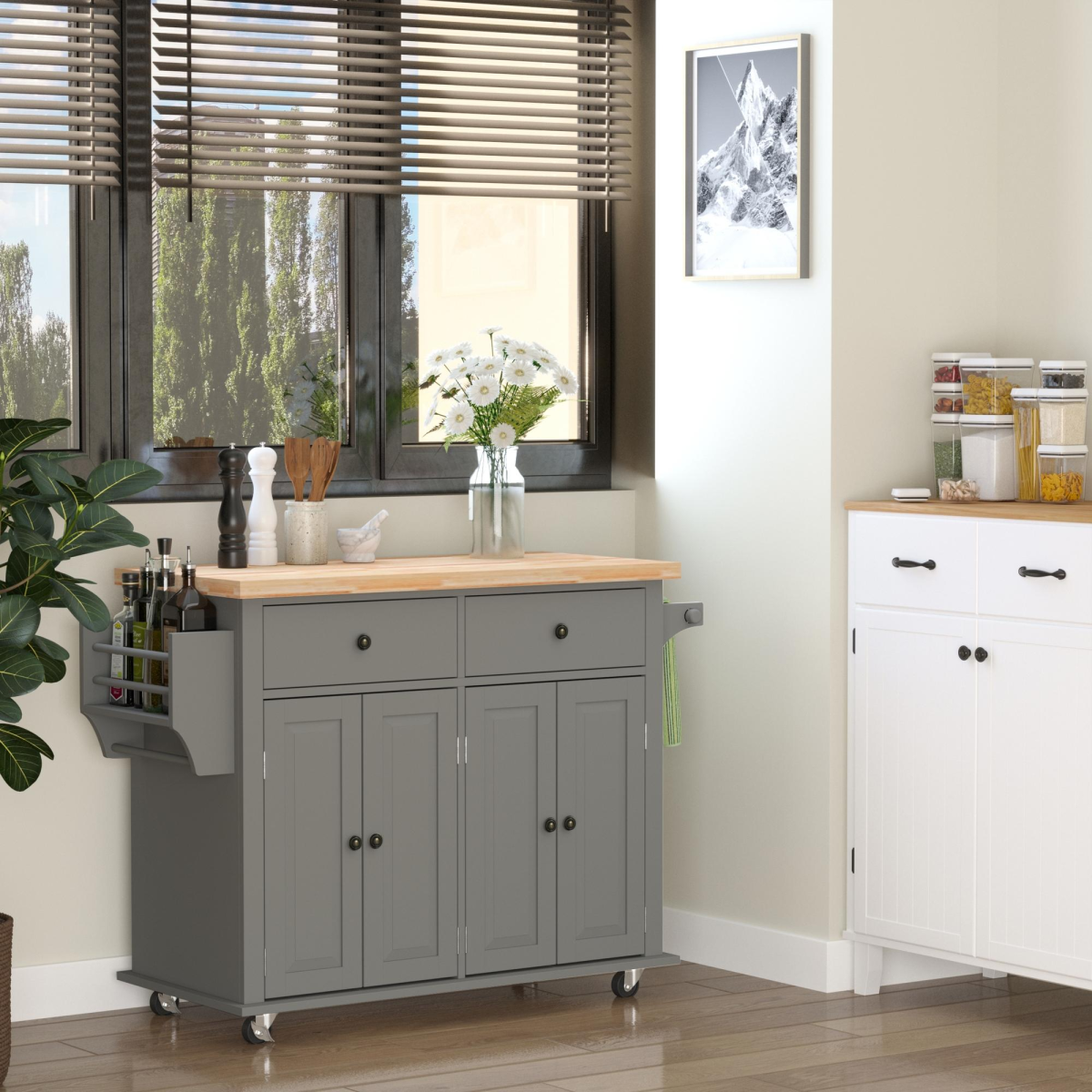 HOMCOM Rolling Kitchen Island Cart with Rubberwood Top and Storage