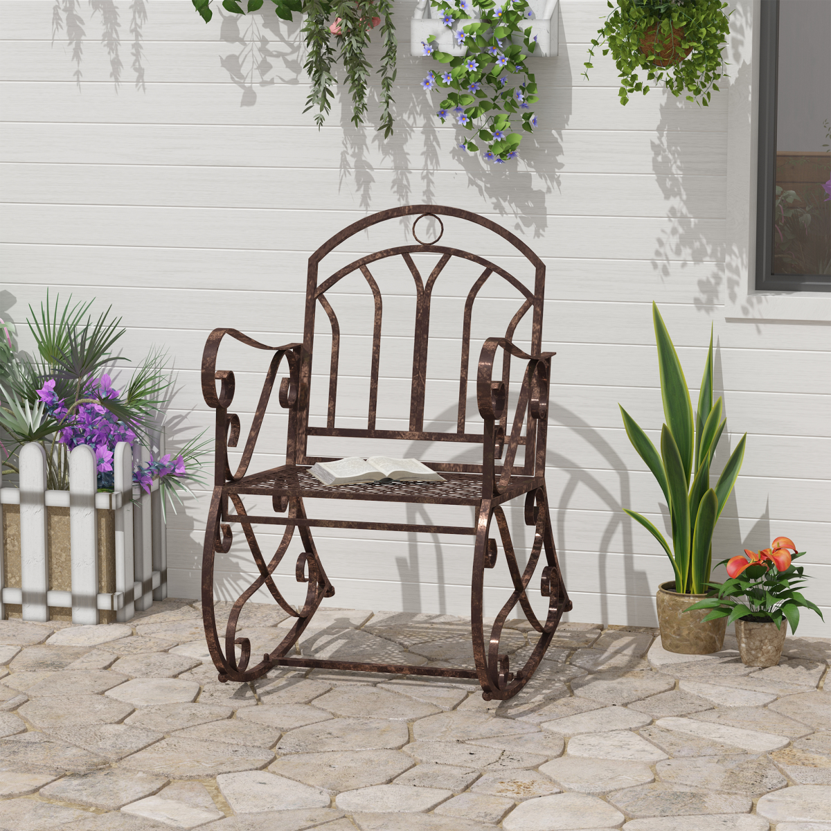 Outsunny Bronze Metal 2-in-1 Outdoor Rocking Chair Bench with Armrests