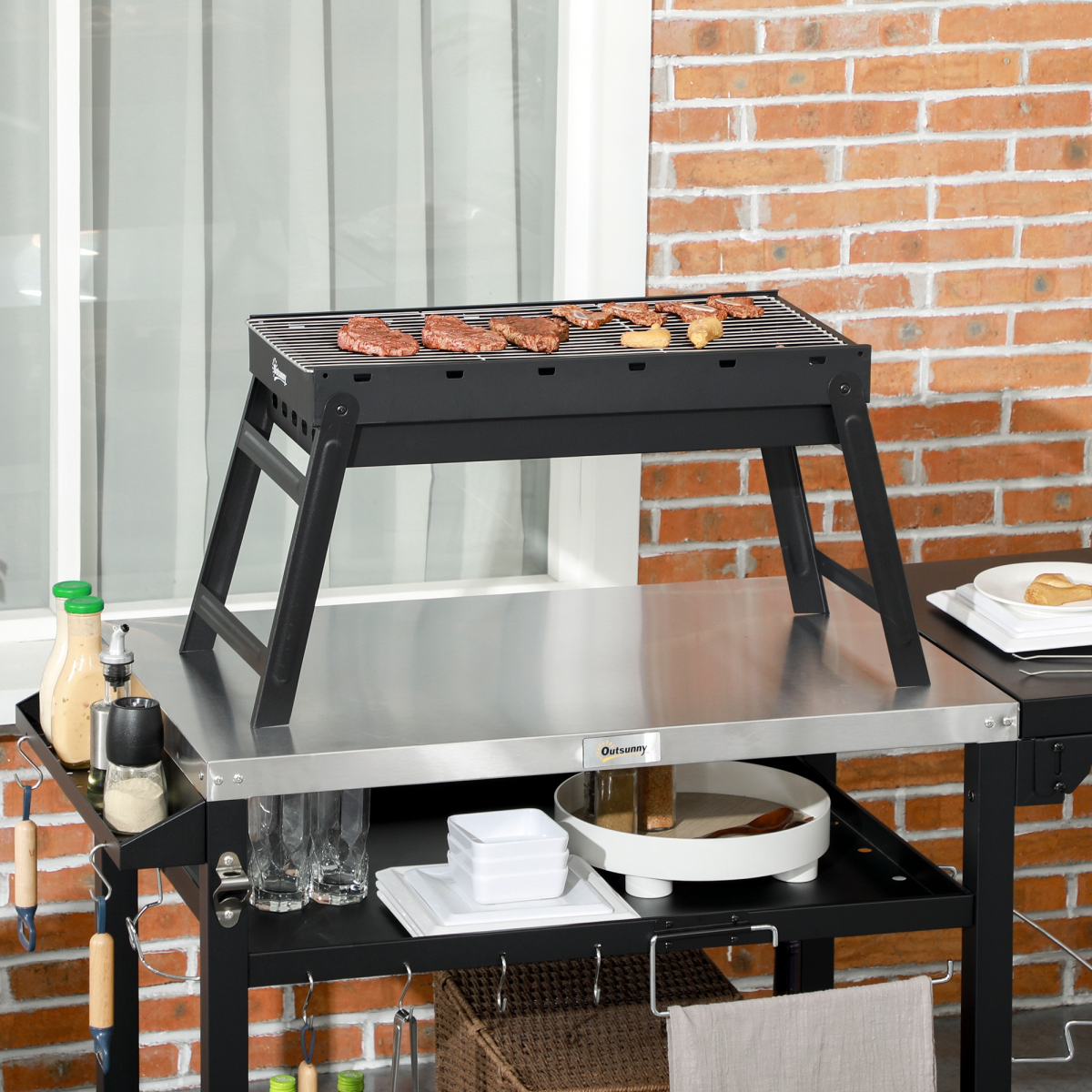 Outsunny Foldable Portable Charcoal Grill with Pull-Out Charcoal Basin