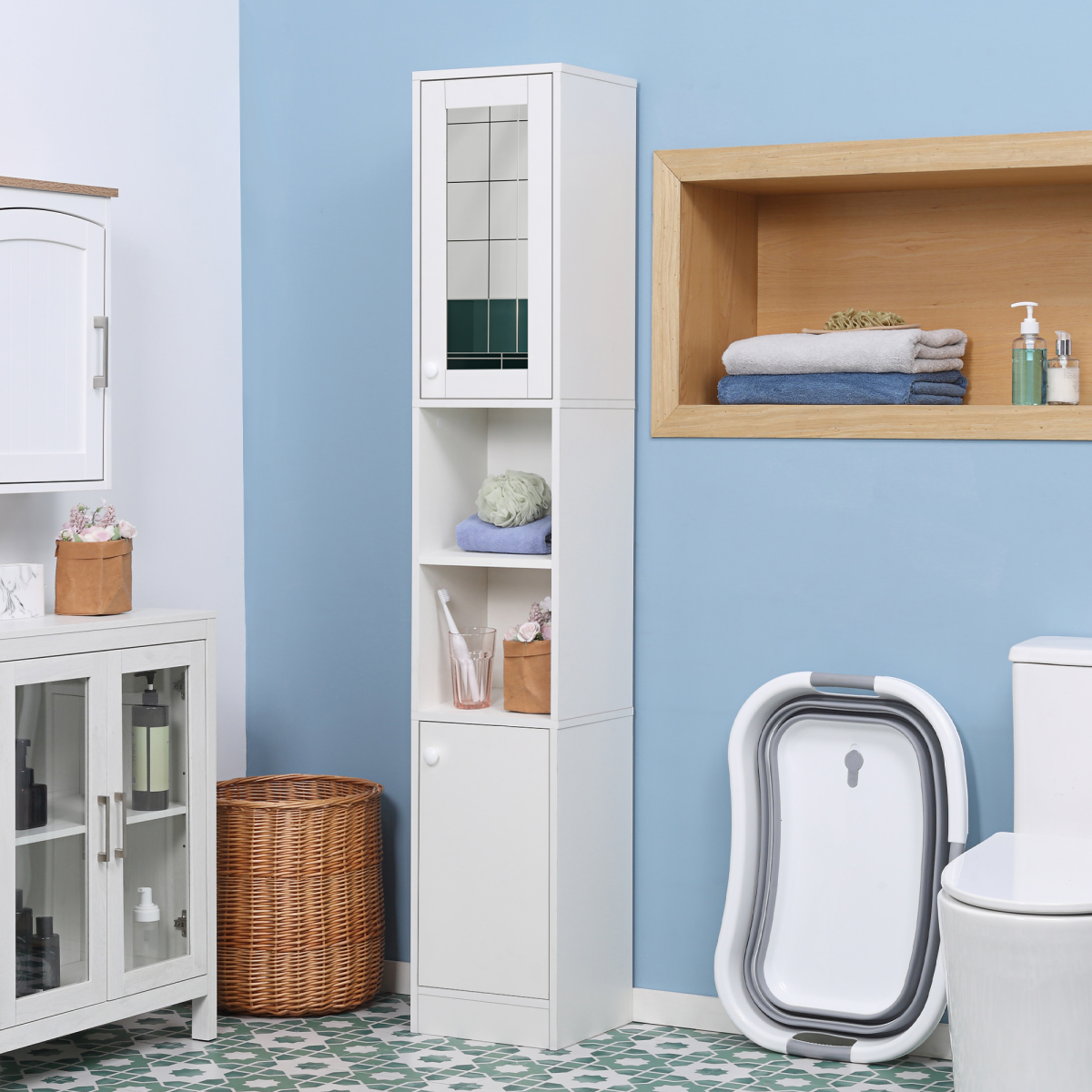 Tallboy Bathroom Storage Cabinet with Mirror, Freestanding Narrow Cabinet with Adjustable Shelves