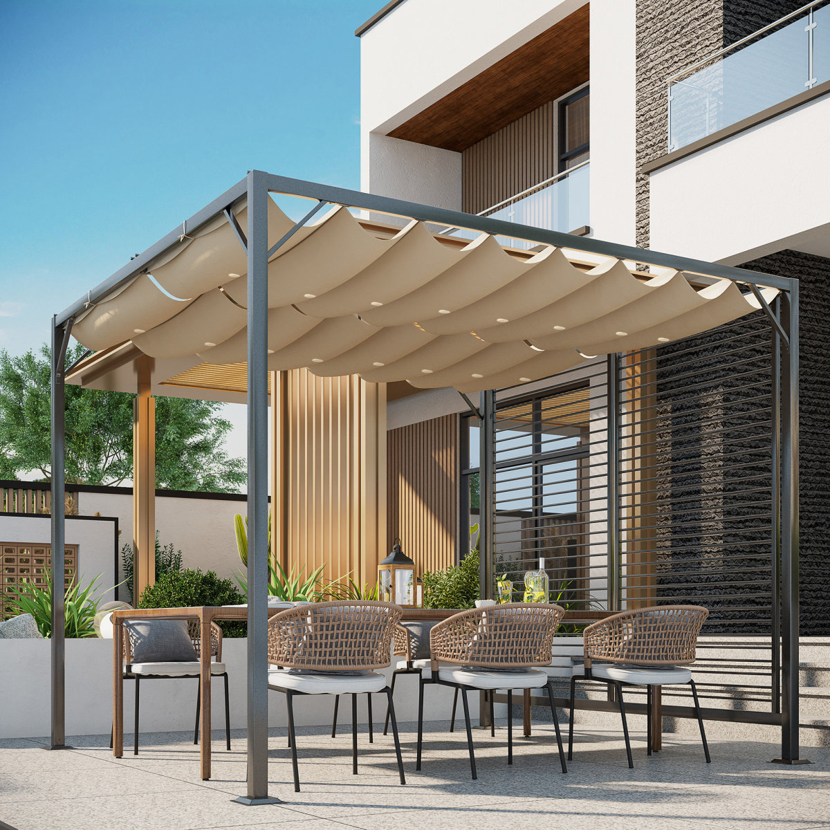 Metal Outdoor Pergola Patio Sun Shelter, Retractable Movable Canopy, PU-Coated UV and Water Resistant, Heavy-Duty Metal Frame