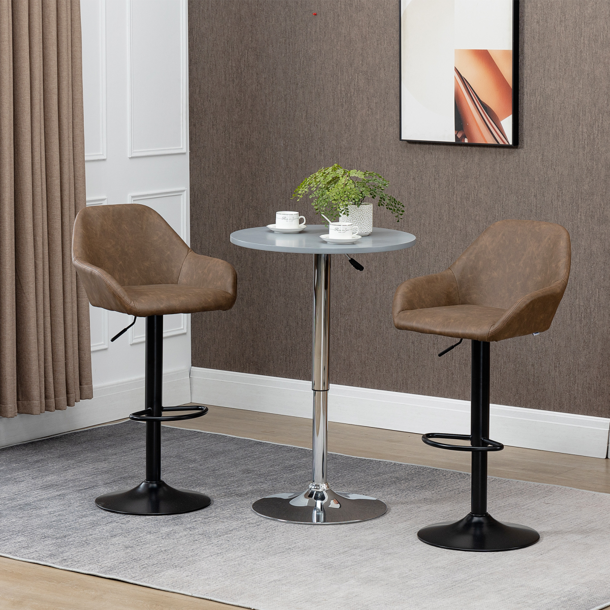 HOMCOM Set of 2 Swivel Bar Stools with Footrest and Backrest, Adjustable Height, PU Leather and Steel, Brown