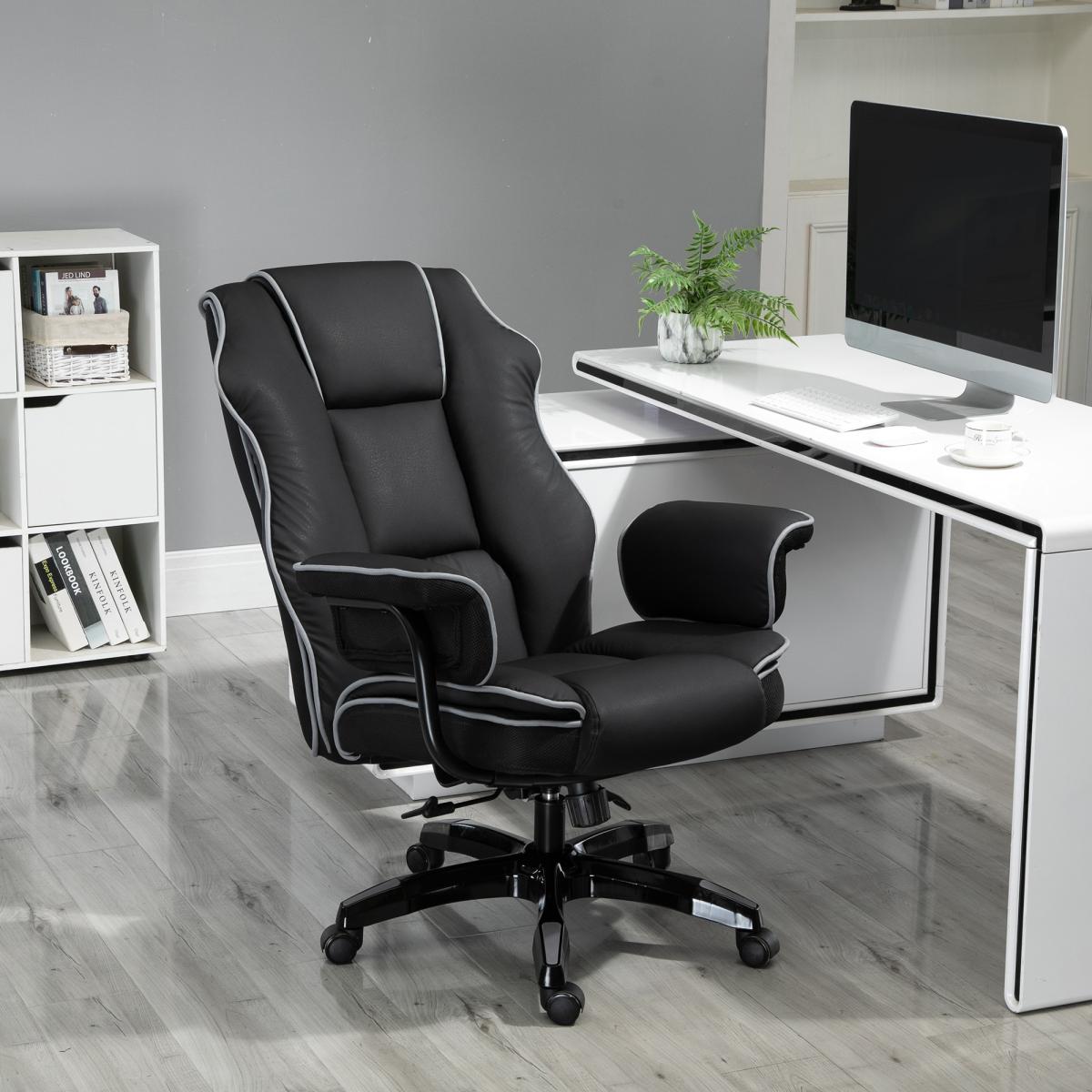Black Piped PU Leather High Back Reclining Swivel Office Gaming Chair with Adjustable Height, Black